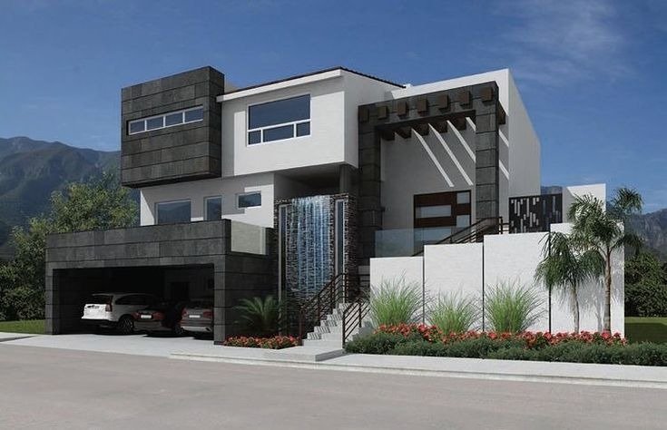 Fachada residencial con diseño moderno utilizando cantera en grandes formatos