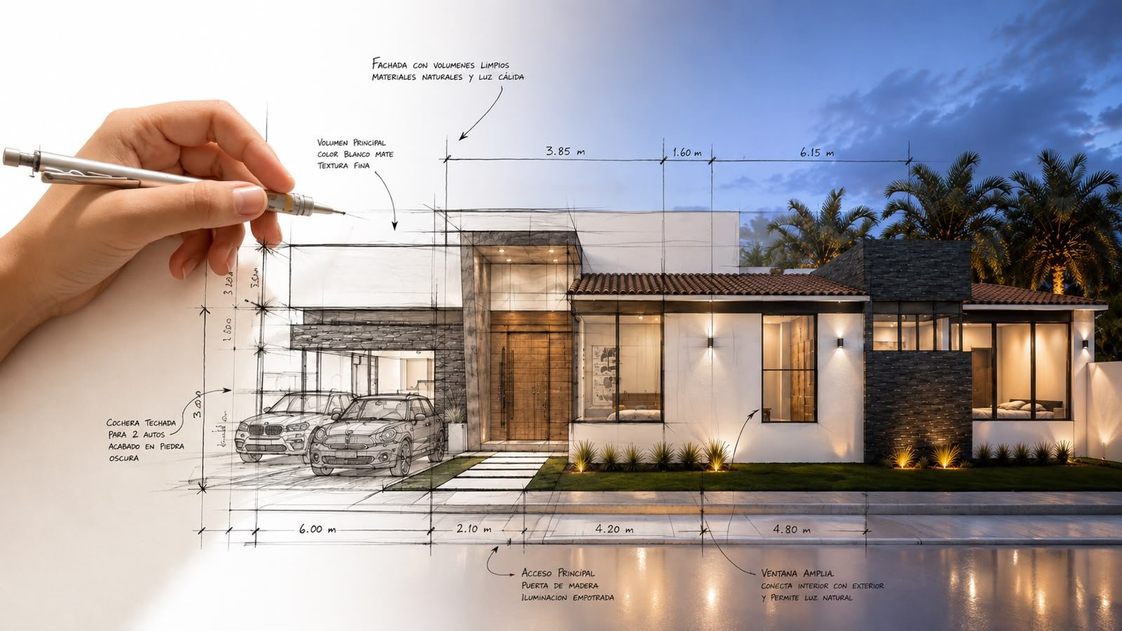 Planos arquitectónicos desplegados sobre mesa con herramientas de dibujo técnico