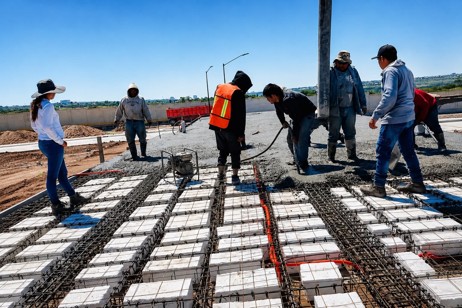 Obra en construcción mostrando estructura metálica y trabajadores en actividad